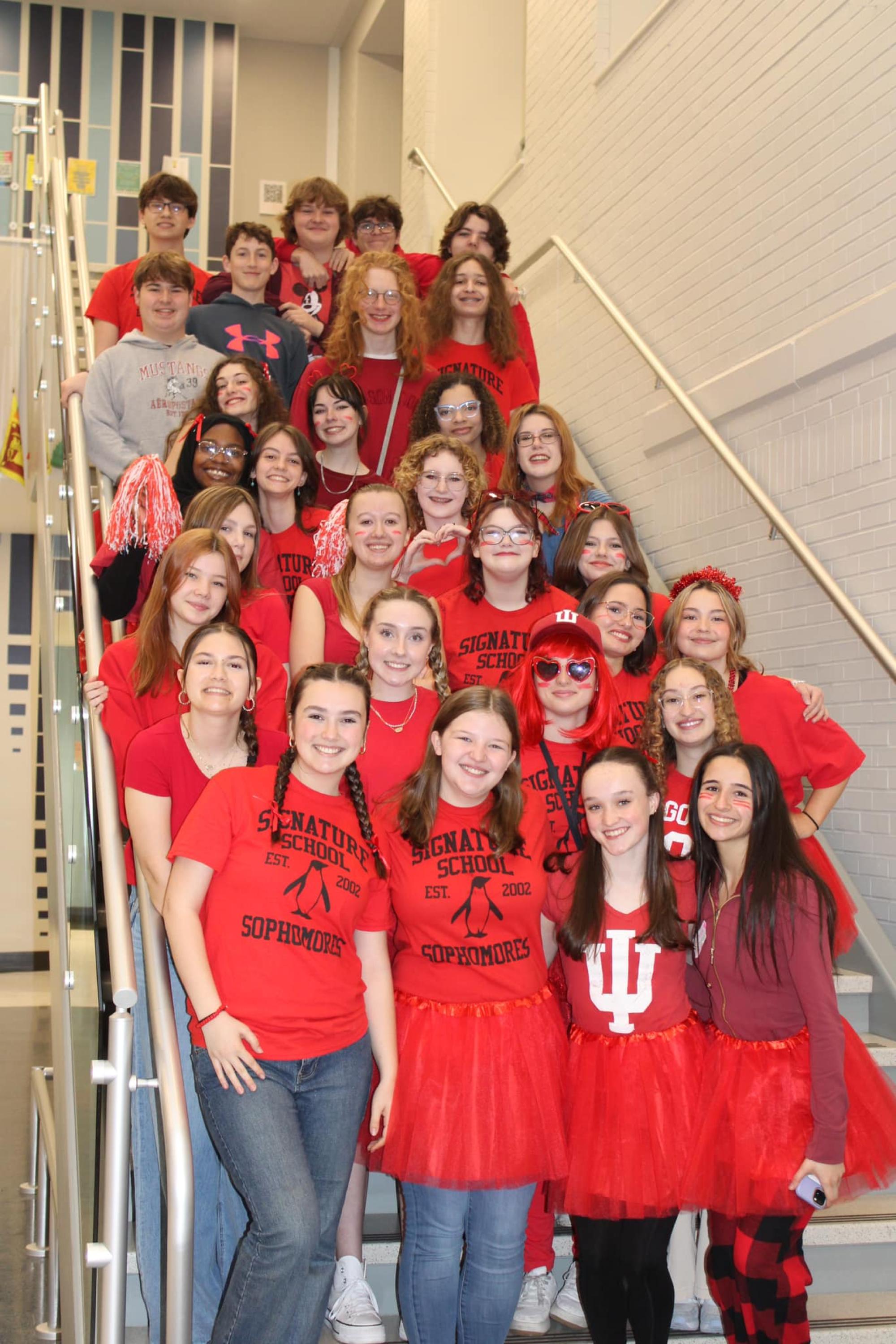 Sophomores on Stairs in Red Shirts