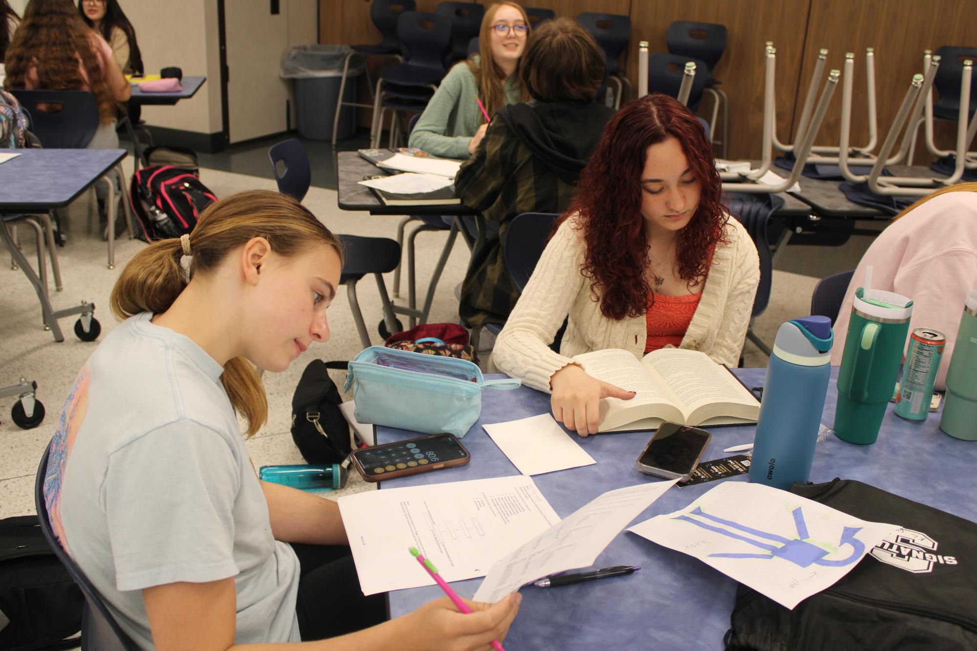 Girls studying at table